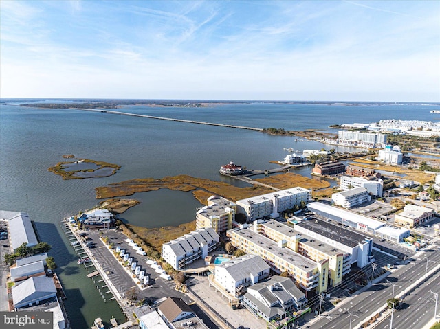 drone / aerial view with a water view