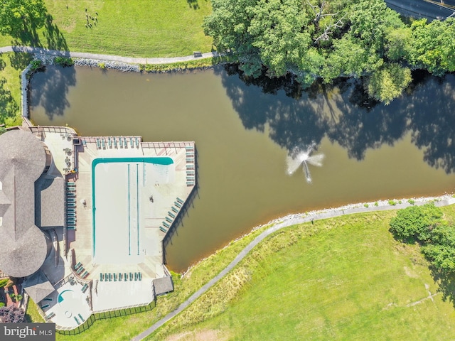 drone / aerial view featuring a water view