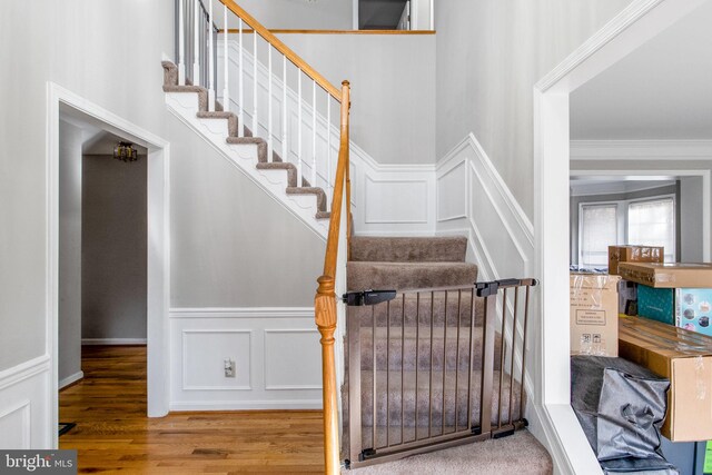 staircase featuring hardwood / wood-style flooring and ornamental molding