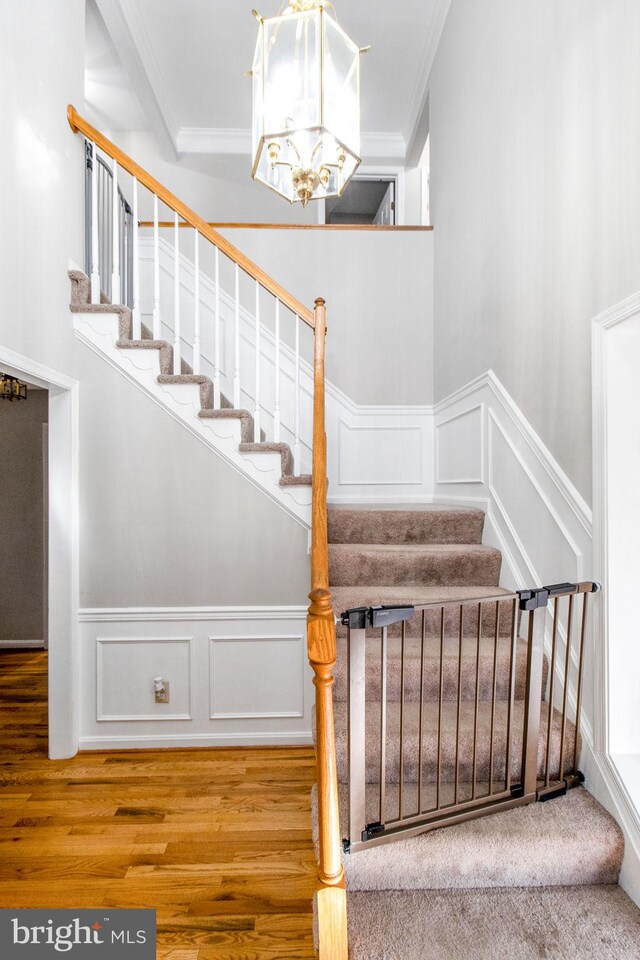 staircase featuring hardwood / wood-style floors, a notable chandelier, and ornamental molding