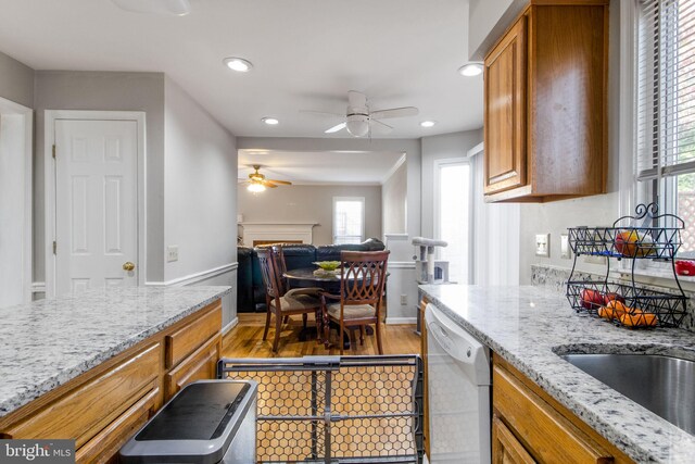 kitchen featuring light stone countertops, light hardwood / wood-style floors, a healthy amount of sunlight, and dishwasher