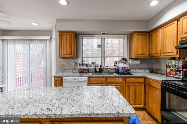 kitchen with light stone counters, sink, white dishwasher, and black range with electric stovetop