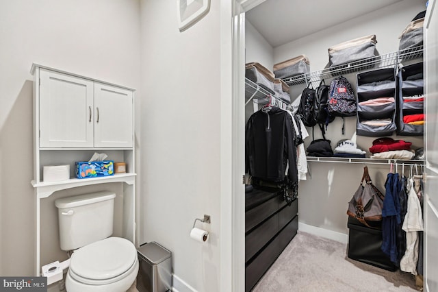 walk in closet with light carpet