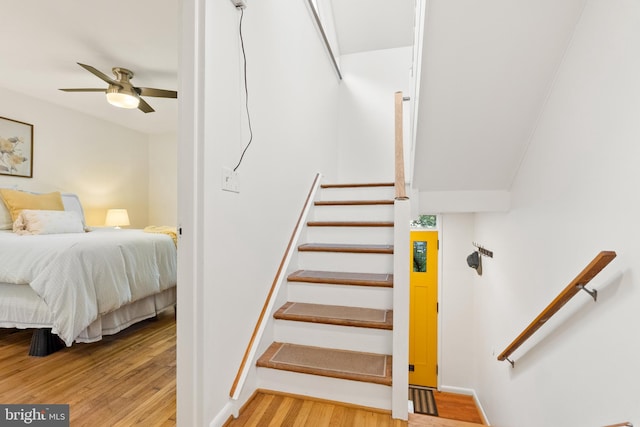 stairway with hardwood / wood-style flooring and ceiling fan