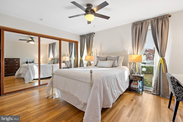 bedroom with a closet, ceiling fan, and light hardwood / wood-style flooring