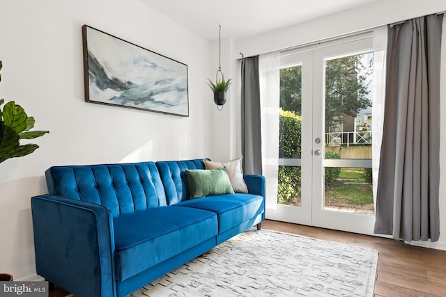 living room with french doors and wood-type flooring