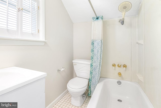 full bathroom featuring toilet, tile patterned flooring, shower / bath combination with curtain, vaulted ceiling, and vanity