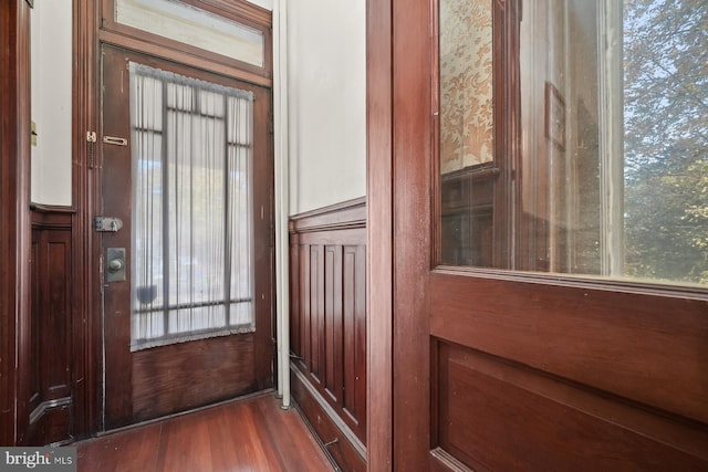 doorway with plenty of natural light and dark hardwood / wood-style floors