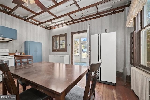 dining space featuring dark hardwood / wood-style flooring, radiator heating unit, and coffered ceiling