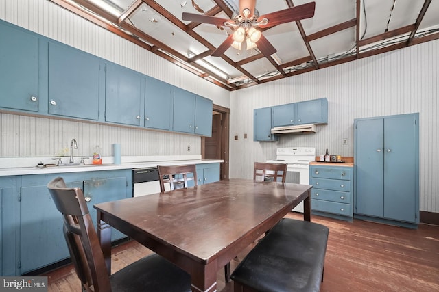 kitchen with sink, ceiling fan, black dishwasher, blue cabinetry, and dark hardwood / wood-style flooring