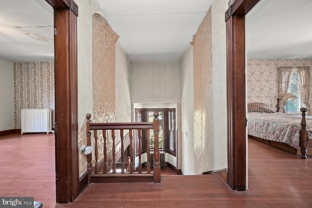 hallway featuring radiator heating unit and wood-type flooring