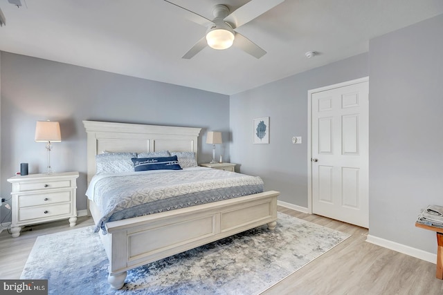 bedroom featuring light wood-type flooring and ceiling fan