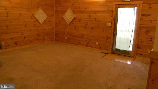 additional living space featuring wooden walls and carpet