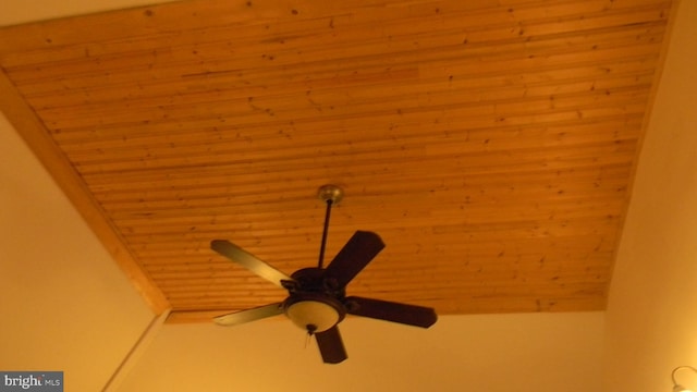 details with ceiling fan and wood ceiling