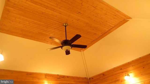 interior details featuring wooden ceiling, ceiling fan, and wood walls