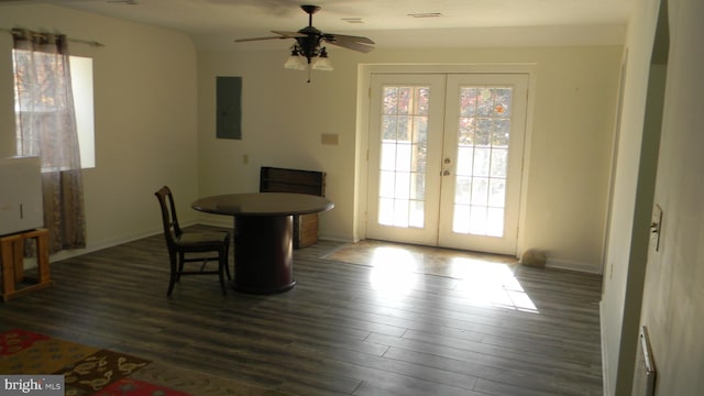 dining area with dark hardwood / wood-style flooring, electric panel, french doors, and ceiling fan