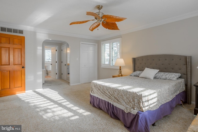 carpeted bedroom featuring ceiling fan, a closet, ensuite bathroom, and crown molding