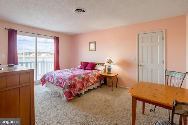 bedroom featuring light carpet, a textured ceiling, access to outside, and a water view