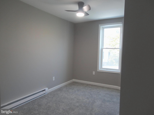 empty room featuring ceiling fan, carpet floors, and a baseboard heating unit