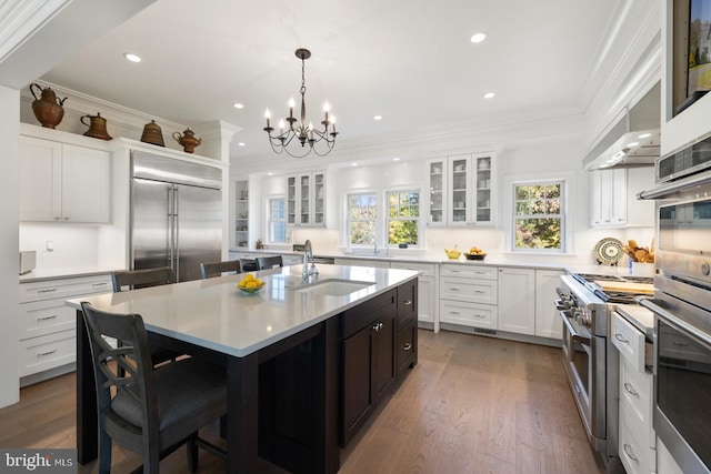 kitchen featuring high quality appliances, white cabinetry, dark hardwood / wood-style flooring, and a center island with sink