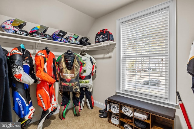 spacious closet featuring carpet flooring and vaulted ceiling