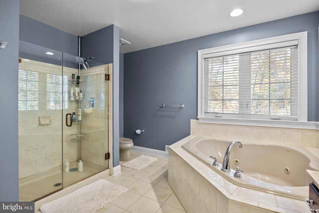 bathroom with toilet, independent shower and bath, and tile patterned flooring