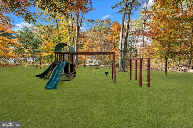 view of jungle gym with a yard