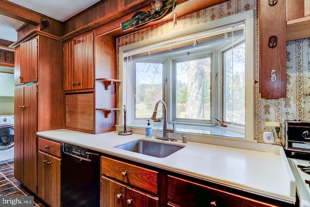 kitchen with sink, washer / dryer, dishwasher, and white range