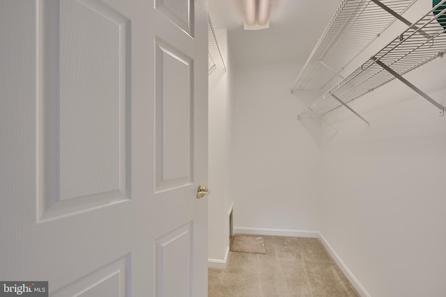 walk in closet with light carpet