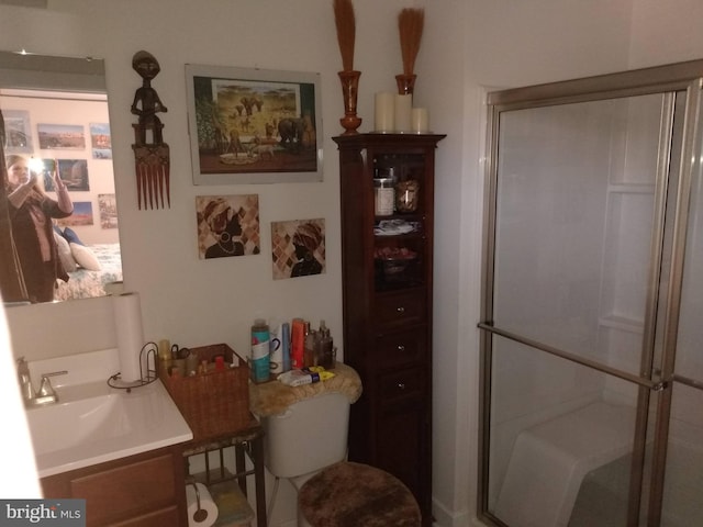 bathroom featuring a shower with door and vanity