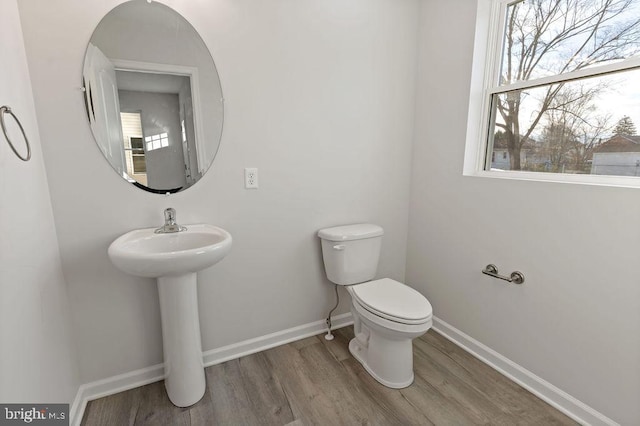 bathroom with toilet and hardwood / wood-style floors