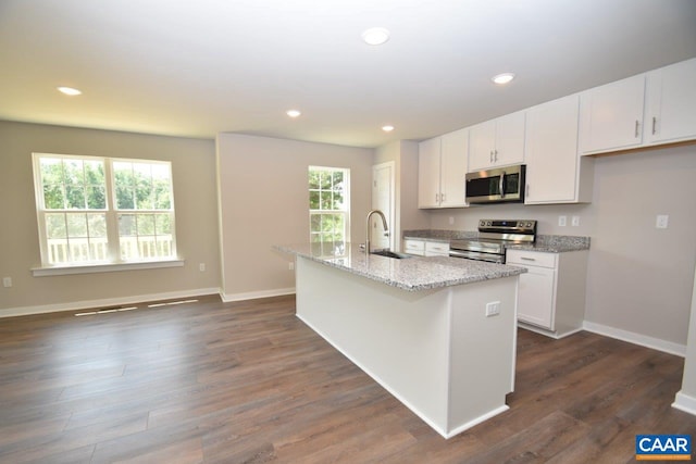 kitchen featuring a kitchen island with sink, sink, plenty of natural light, and appliances with stainless steel finishes