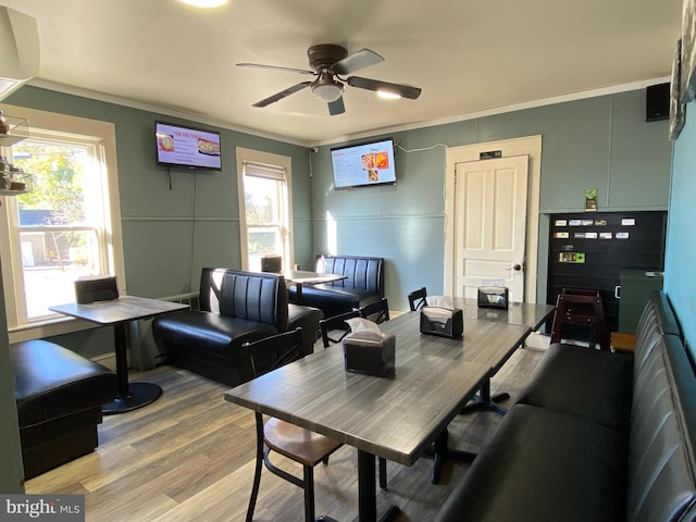 living room with ornamental molding, ceiling fan, wood-type flooring, and plenty of natural light