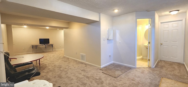 interior space with light carpet and a textured ceiling