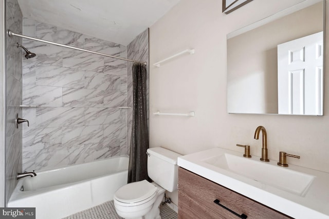 full bathroom with vanity, tile patterned flooring, toilet, and shower / bathtub combination with curtain