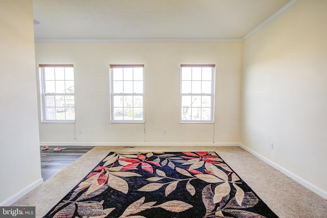 spare room featuring ornamental molding, wood-type flooring, and plenty of natural light