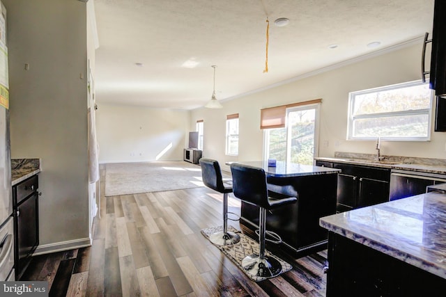 kitchen with sink, crown molding, dark hardwood / wood-style flooring, and hanging light fixtures