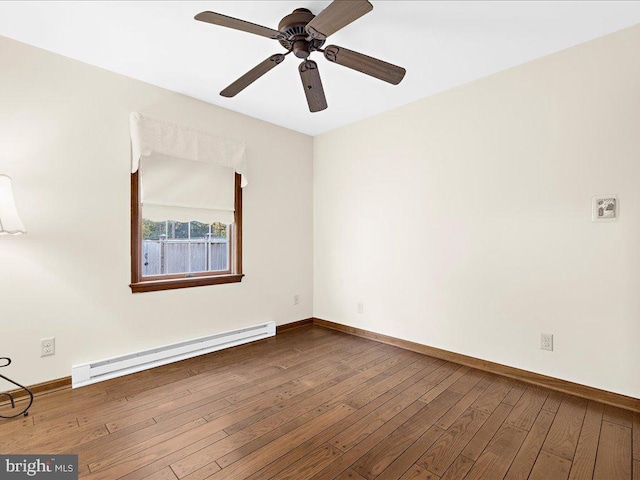 empty room with wood-type flooring, ceiling fan, and a baseboard radiator