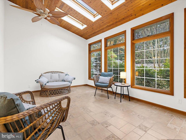 sunroom / solarium featuring plenty of natural light, vaulted ceiling with skylight, ceiling fan, and wooden ceiling