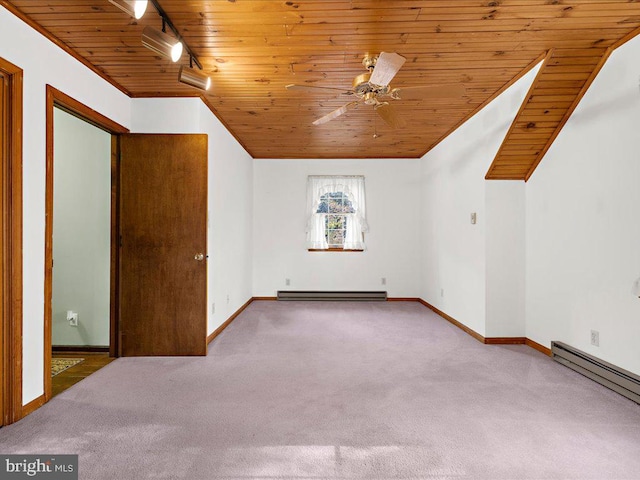 additional living space with ceiling fan, wood ceiling, carpet floors, and a baseboard radiator