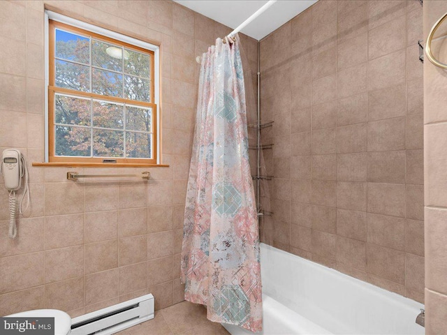 bathroom with baseboard heating, tile patterned floors, and shower / bathtub combination with curtain