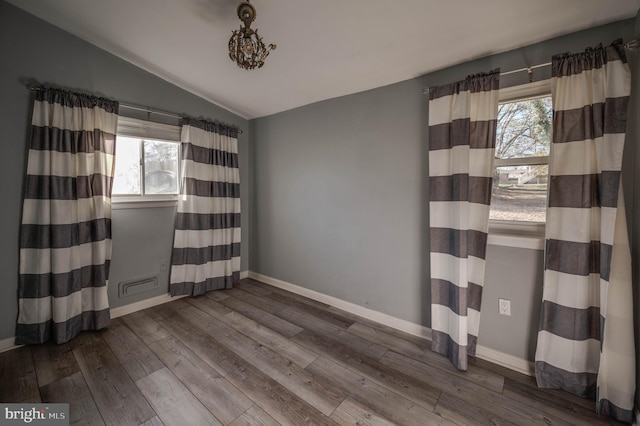 empty room with hardwood / wood-style floors, plenty of natural light, and lofted ceiling