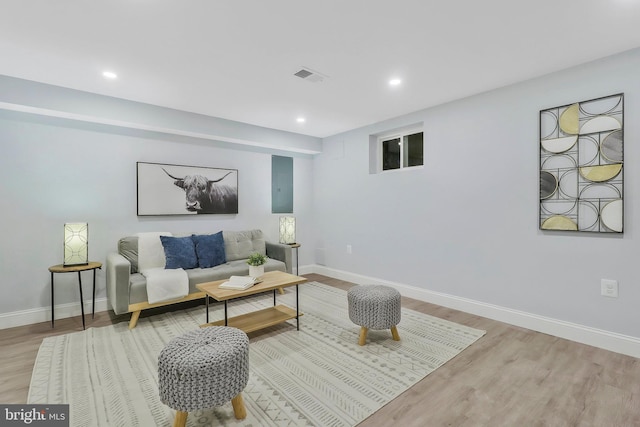 living room featuring light hardwood / wood-style flooring and electric panel