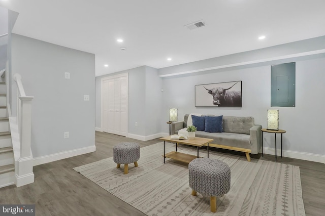 living room featuring electric panel and wood-type flooring