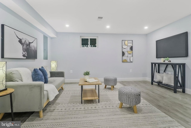 living room with light hardwood / wood-style flooring