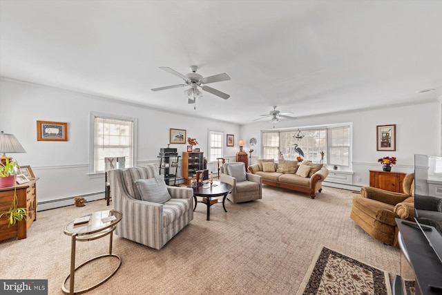 carpeted living room featuring baseboard heating and ceiling fan