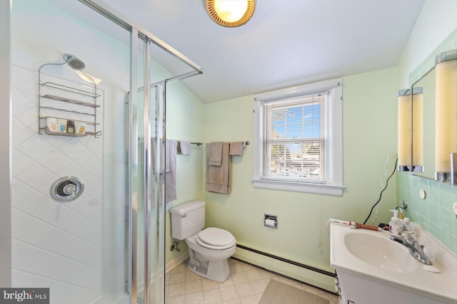 bathroom featuring baseboard heating, walk in shower, toilet, and vanity