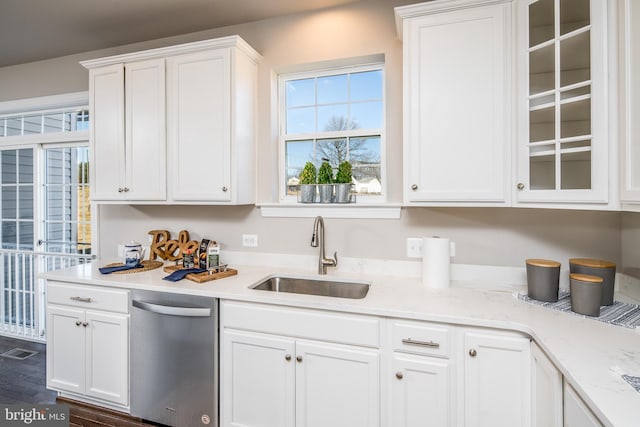 kitchen featuring sink, stainless steel dishwasher, dark hardwood / wood-style floors, and white cabinets