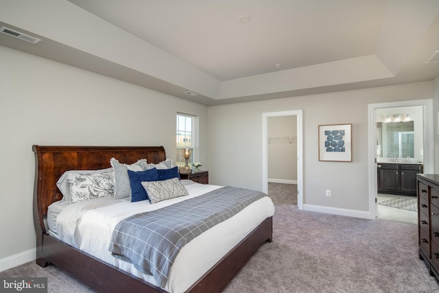 carpeted bedroom featuring ensuite bathroom, sink, a spacious closet, a raised ceiling, and a closet