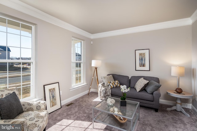 carpeted living room with crown molding and plenty of natural light